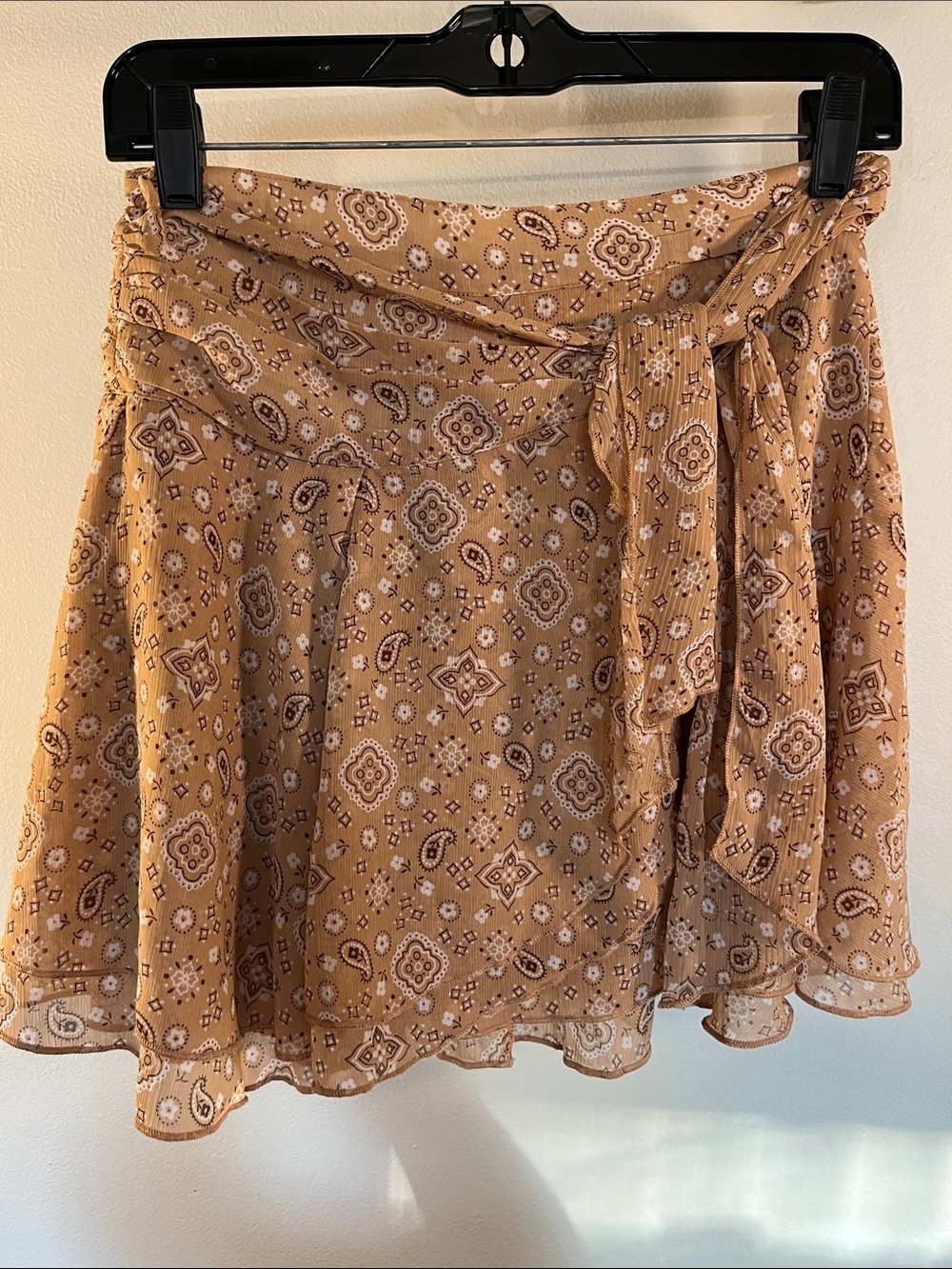 aerie Tan Paisley Tie-Detail Skater Skirt
